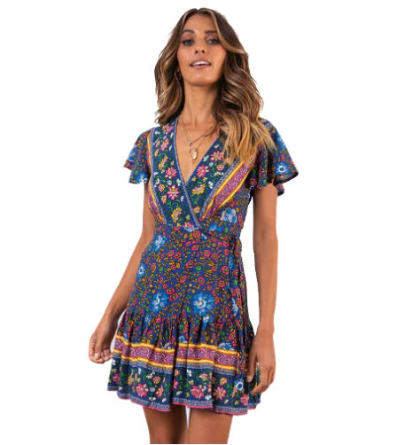 New Spring Summer Bohemian Print V-Neck Dress