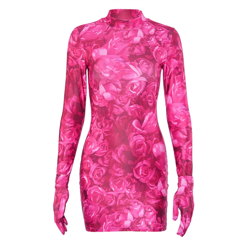 Women’s Printed Long Sleeve Dress with Gloves and Fitted Design