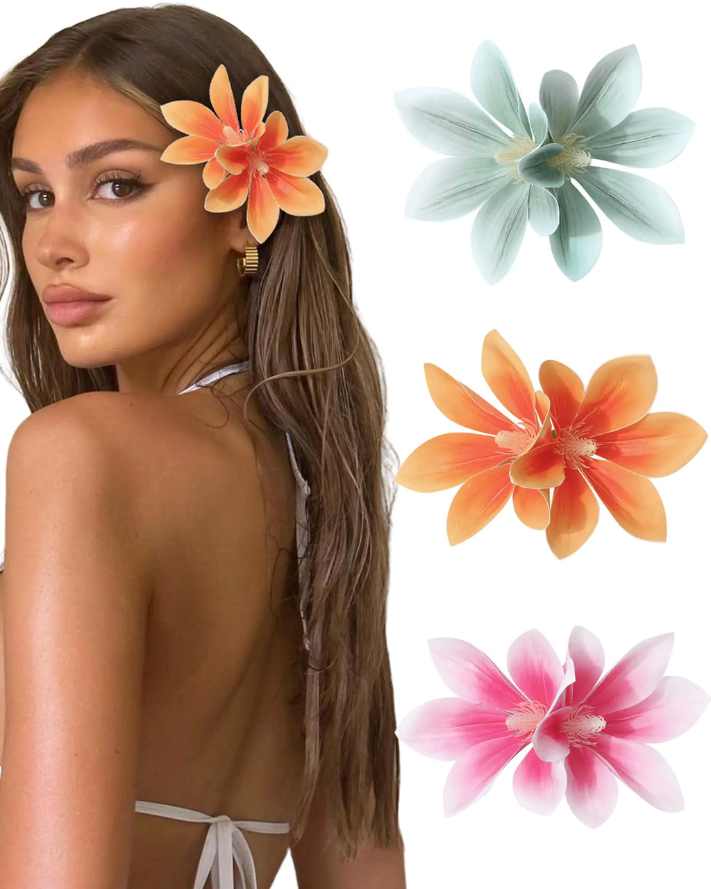3 Pieces Hawaiian Flower Hair Clips for Women - Artificial Tropical Flower Hair Pin Orchid Beach Party Wedding