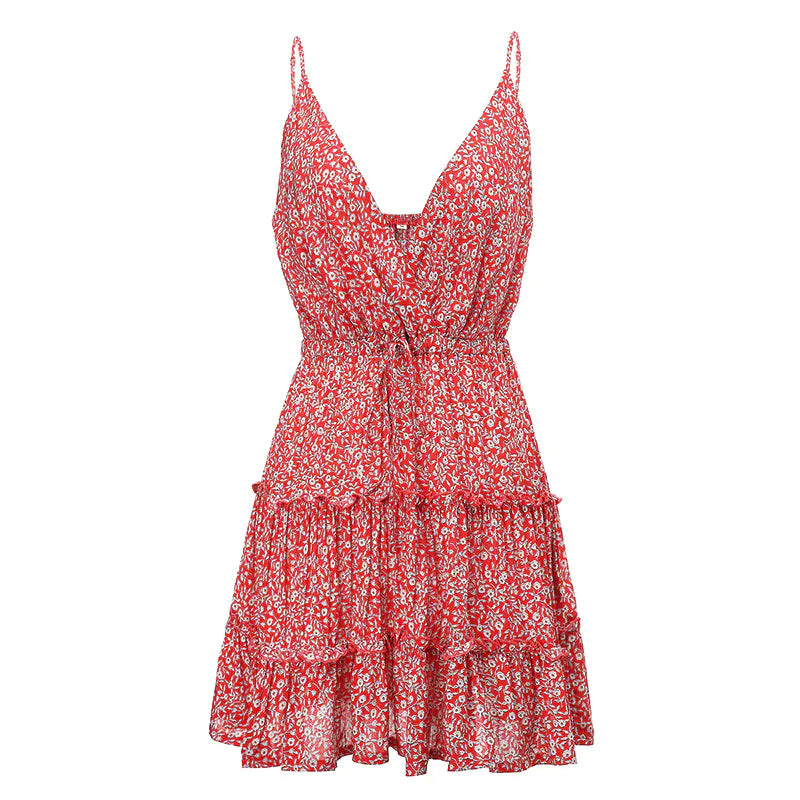 Floral A-Line Dress with Deep V Neckline