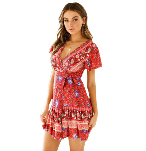 New Spring Summer Bohemian Print V-Neck Dress