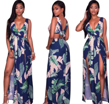 Floral Maxi Dress with Deep V and Slit Design