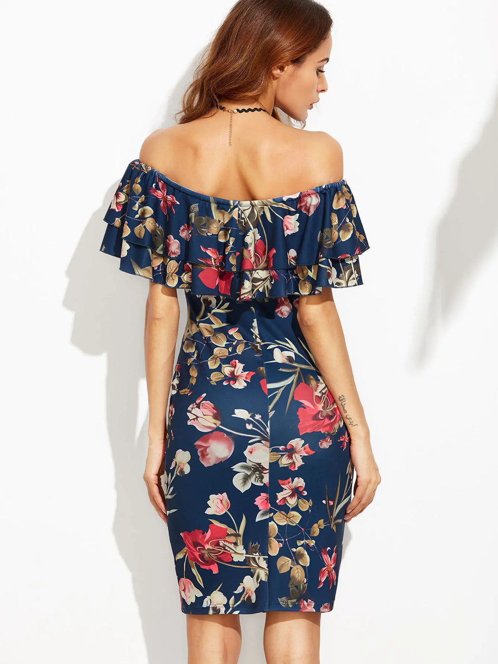 Ruffled Off-Shoulder Floral Bodycon Dress
