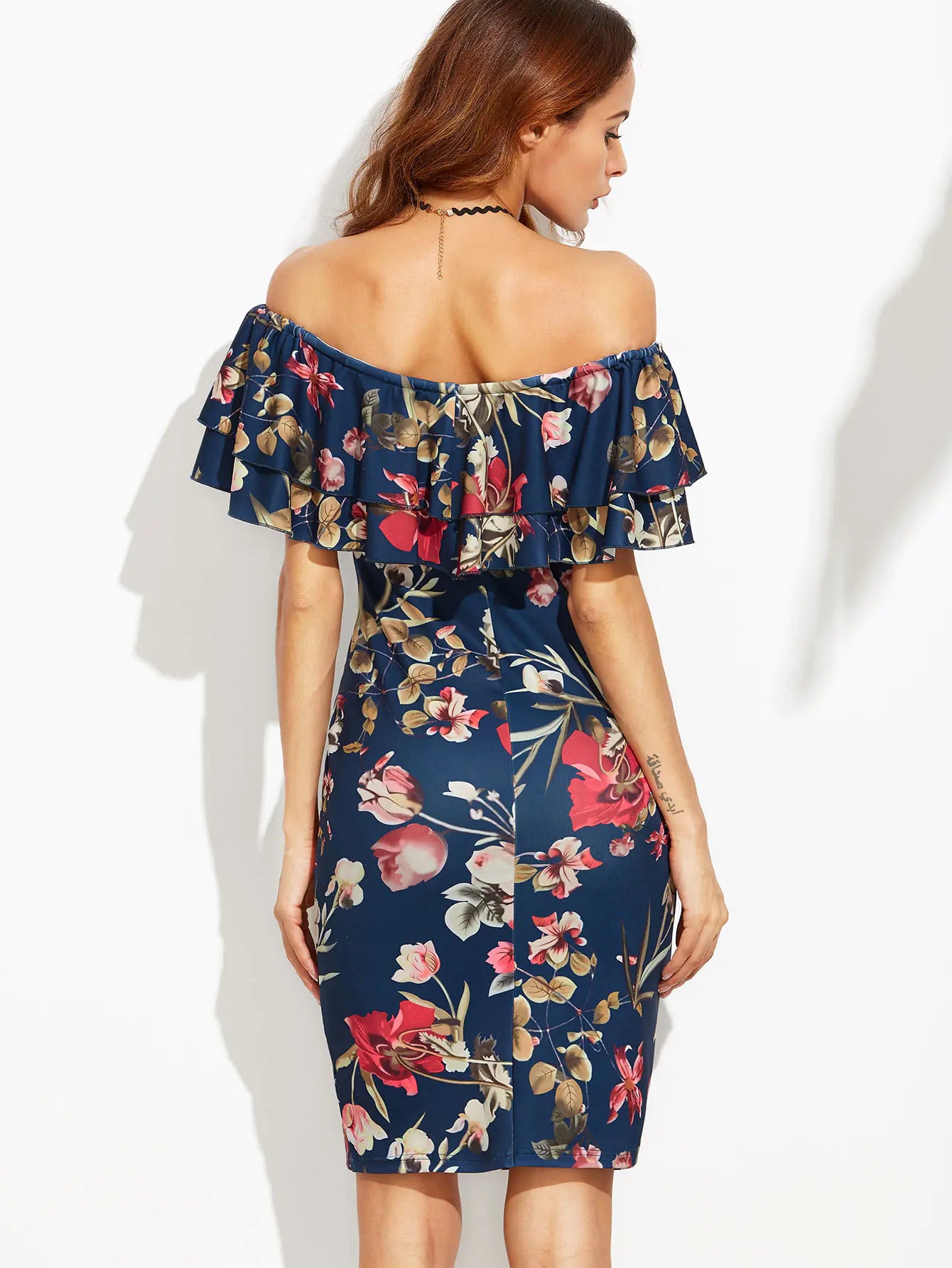 Ruffled Off-Shoulder Floral Bodycon Dress