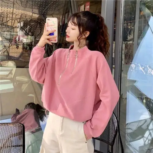 Short Stand Collar Long Sleeve Drawstring Top