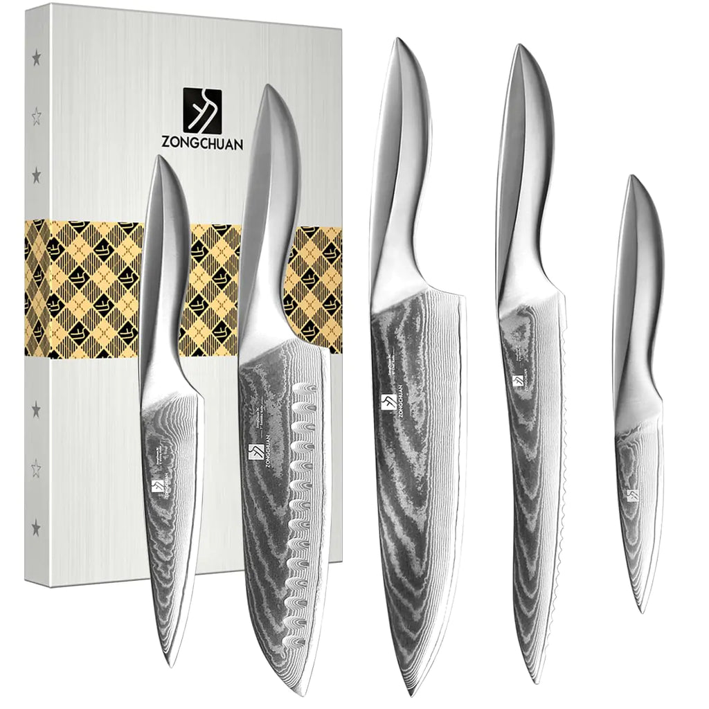 5 PCS Damascus Chef Knife Set Ultra-Smooth Cutting Experience and Professional Grade Sharp Kitchen Knife SetHandle Ergonomic Design9CR18MOV High Carbon Stainless SteelDishwasher Safe