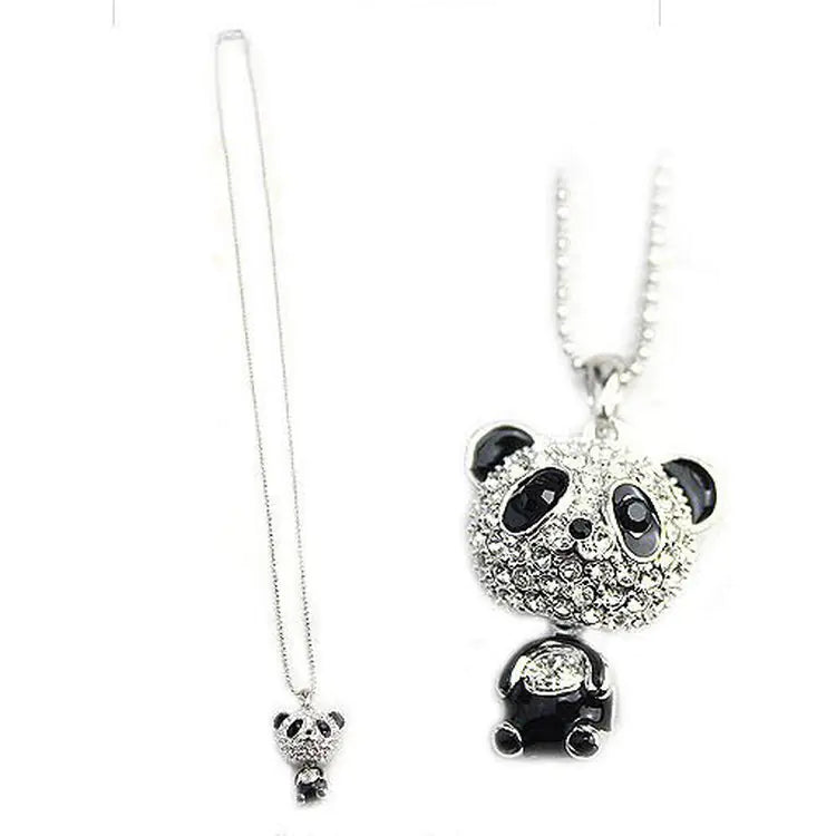 Cute Panda Necklace with Sparkling Pendant, Long Chain