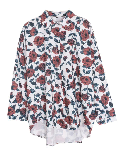 White Rose Vintage Loose Long Sleeve Shirt for Women