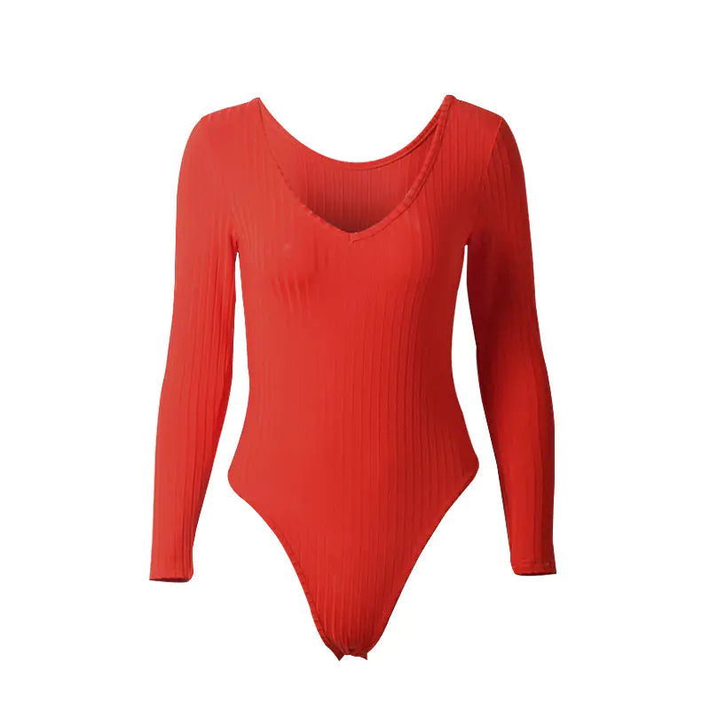 V-Neck Long Sleeve Ribbed Jumpsuit for Women