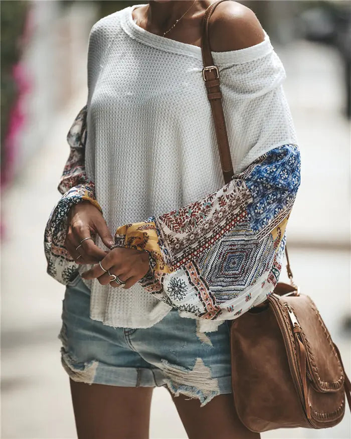 Bohemian Print Long Sleeve Knit Top with Flare Sleeves