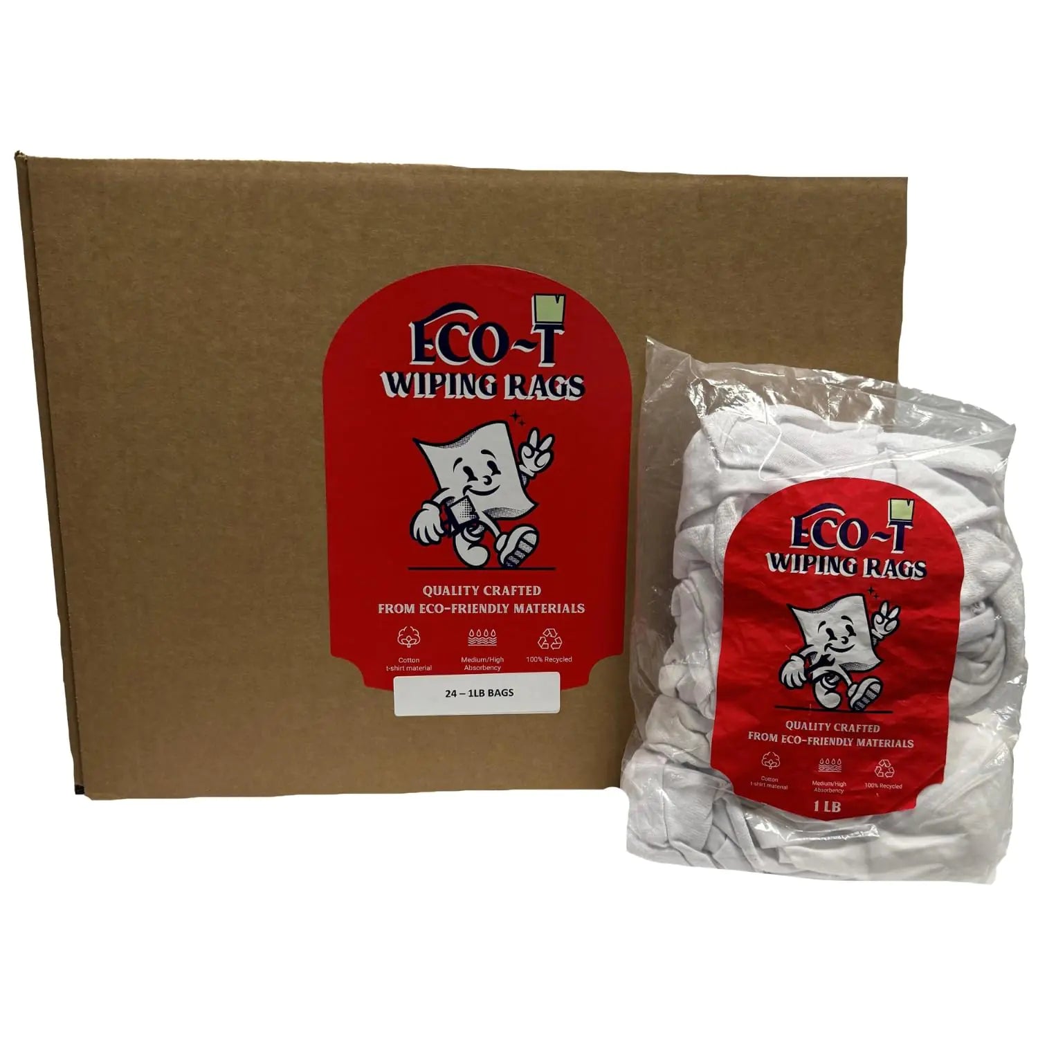 Eco-T Paint Rags - White T-Shirt Material 100% Recycled Eco-Friendly High Absorbency Low Lint Low-Cost Painting and Cleaning Cloth (24 x 1 Lb Bags)