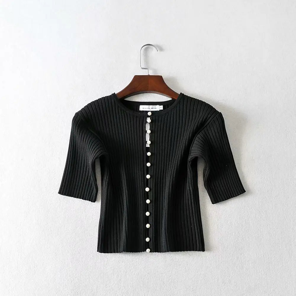 Purple Pearl Button Cropped Knit Top for Women