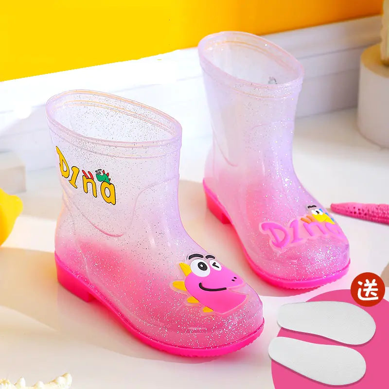 Transparent Dinosaur Rain Boots for Kids with Fleece
