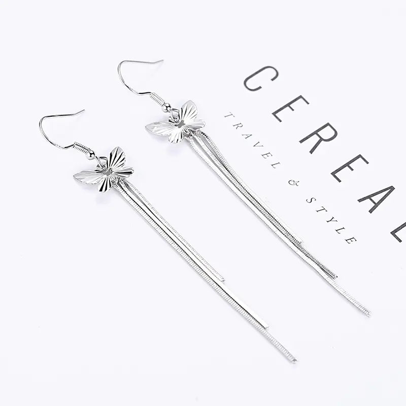 Stylish Long Butterfly Tassel Earrings in Silver