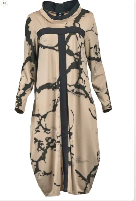 Multicolor Printed Stand Collar Long Sleeve Dress
