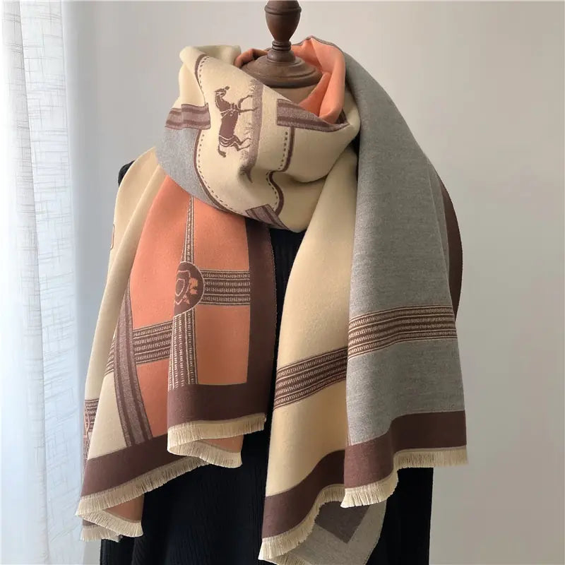 Women's Thick Cashmere Shawl with Horse Print Scarf