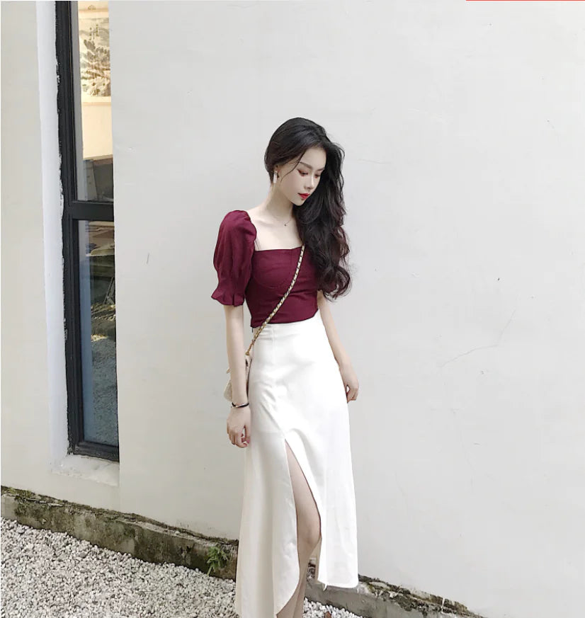 High-Waisted A-Line Skirt with Side Slit and Burgundy Top