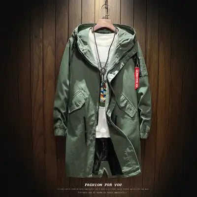 Men's Hooded Mid-Length Trench Coat in Solid Color