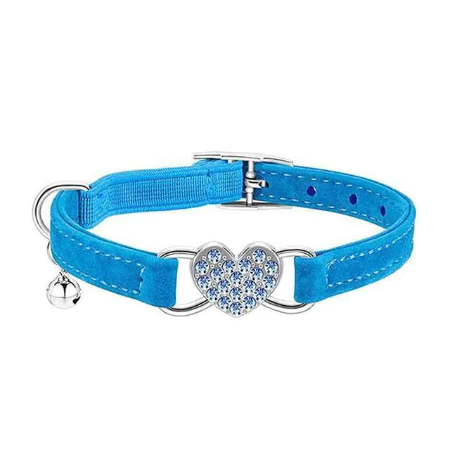 Heart-Shaped Velvet Dog Collar with Crystal and Bell