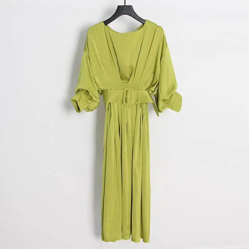 Solid Color Long Sleeve Belted Dress