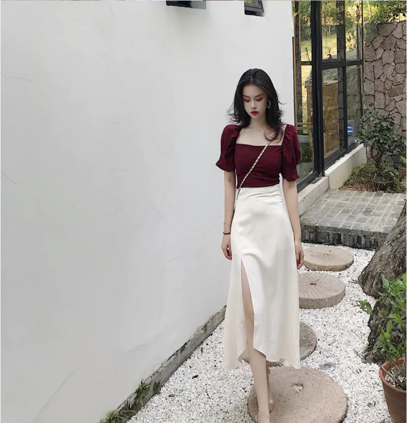 High-Waisted A-Line Skirt with Side Slit and Burgundy Top