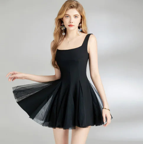 Solid Color Mesh Strap Dress with Flared Skirt