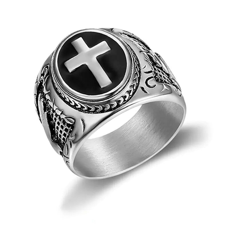 Titanium Steel Men's Cross Ring with Black Resin Design
