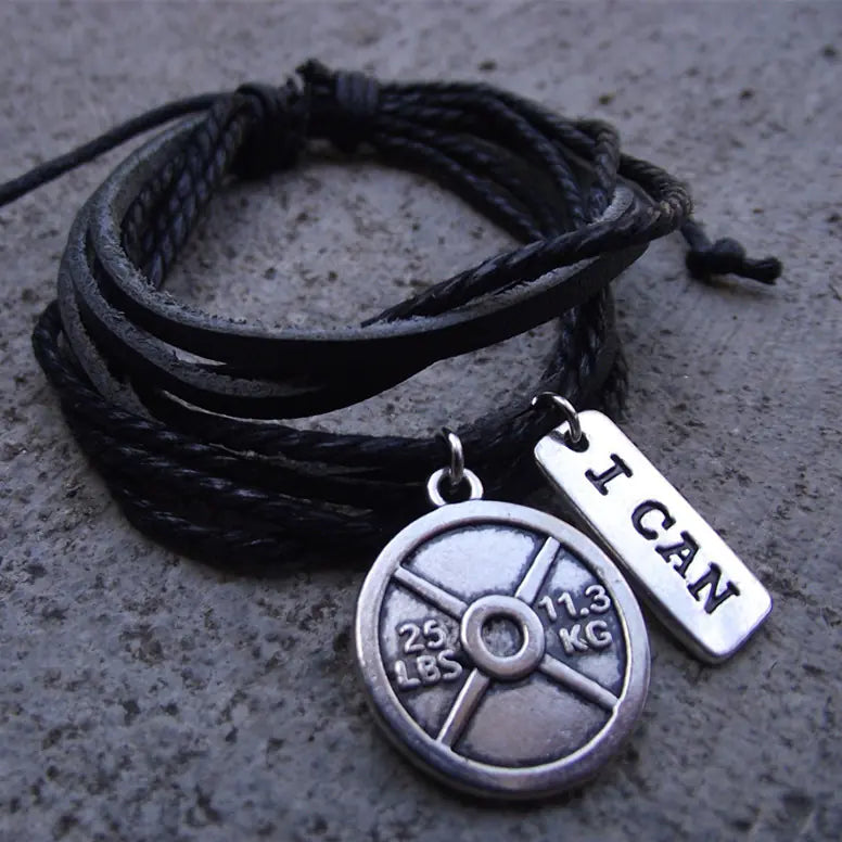 Retro Multi-Layer Leather Bracelet with Dumbbell Charm