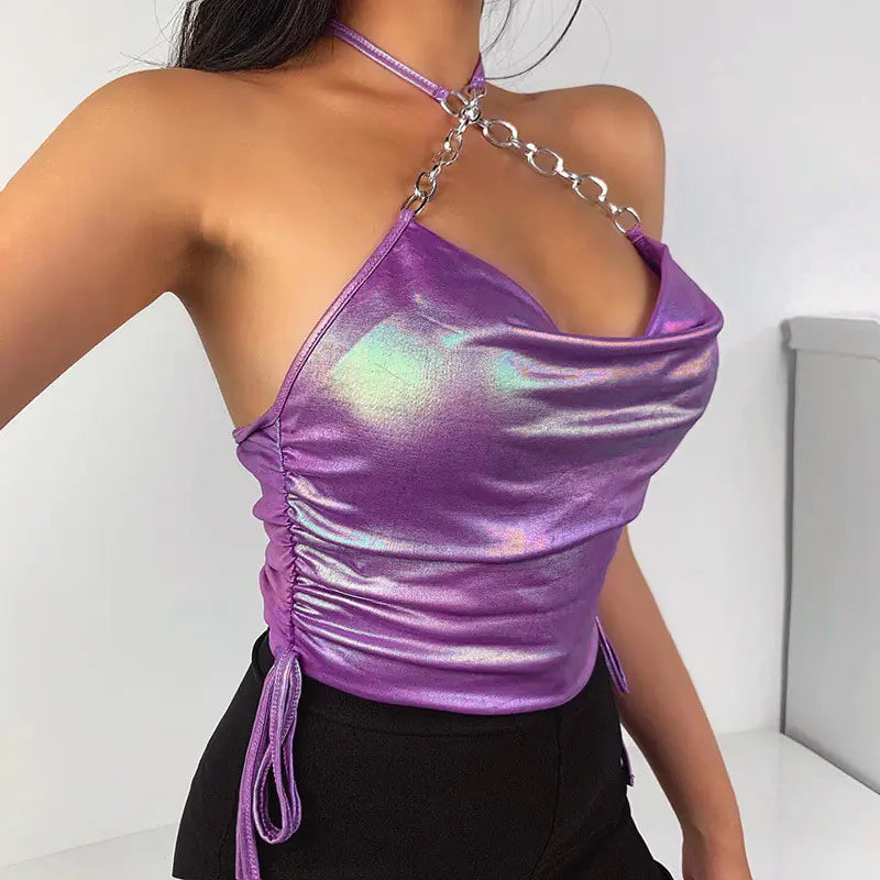 Elastic Satin Diamond Chain Slim Sexy Short Bodysuit