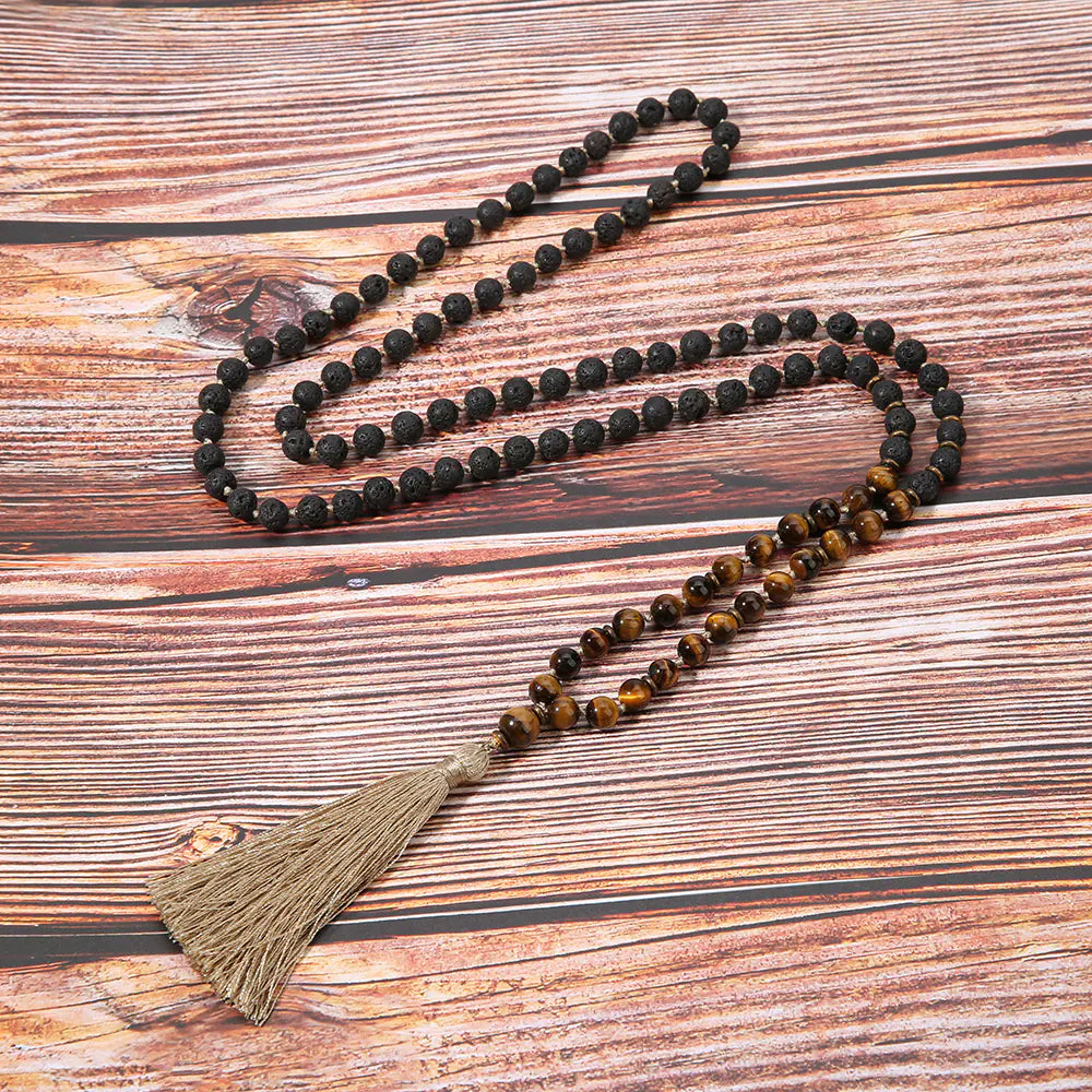 Long Sweater Necklace with Natural Tiger Eye & Tassels