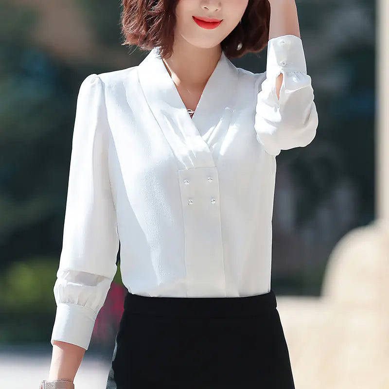 Chiffon V-Neck Long Sleeve Shirt for Women