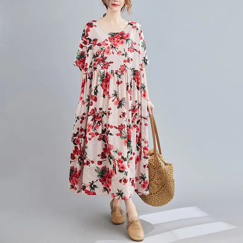 Cotton Linen Printed Short Sleeve Crew Neck Dress