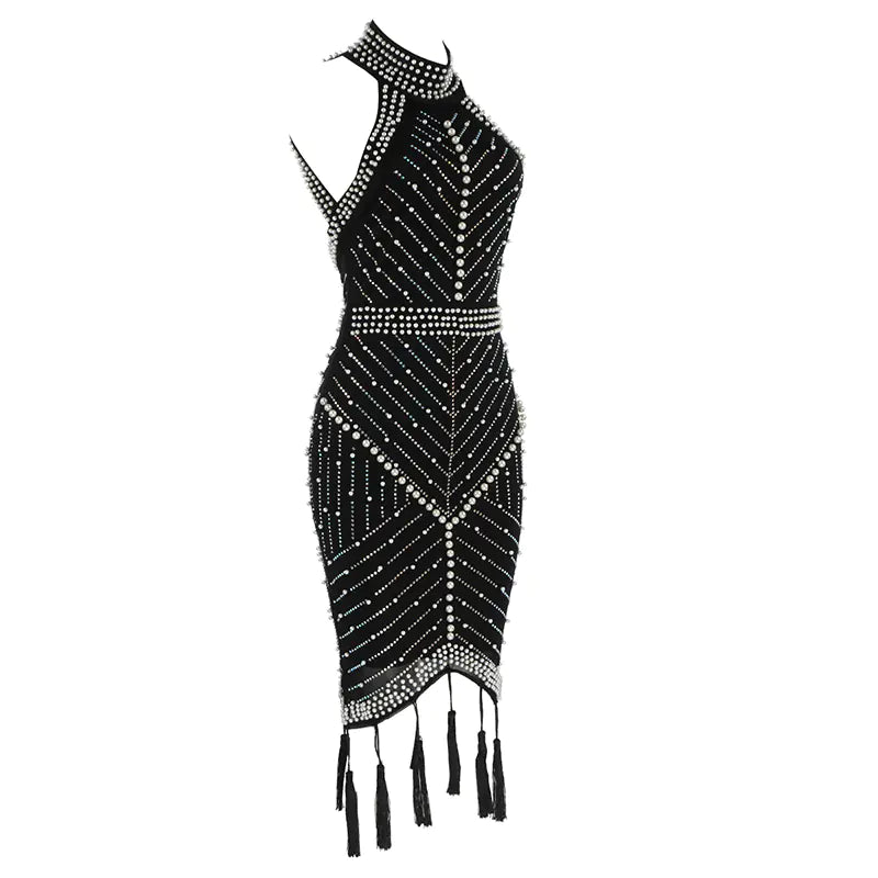 High Neck Sleeveless Bodycon Dress with Sequins and Fringe