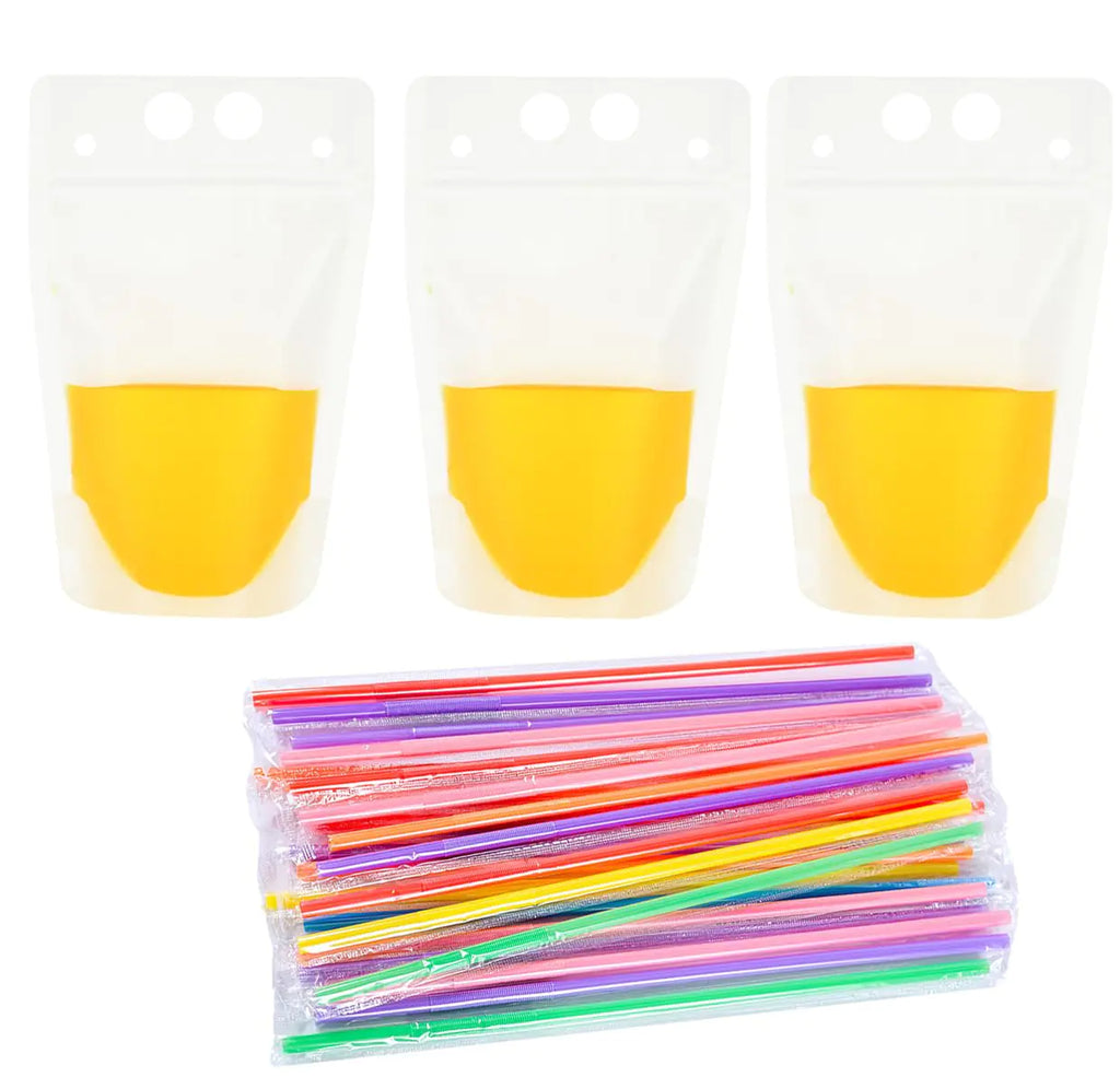 100 PCS Stand-Up Plastic Drink Pouches Bags with 100 Drink StrawsTranslucent Reclosable Zipper Plastic Pouches Drink Bags for Cold & Hot Drinks