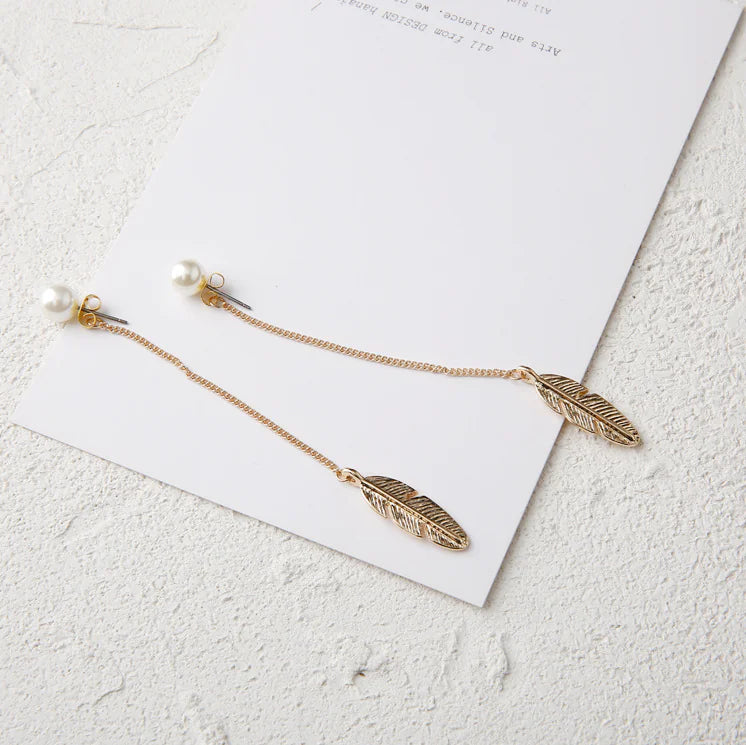 Pearl Long Earrings with Unique Feather Design