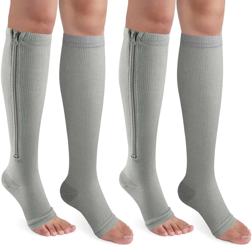 2 Pairs Zipper unisex Compression Socks for Women & Men 15-20 mmHg Open Toe Knee High Support Socks for Varicose Vein Edema
