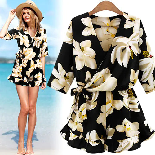 Floral Print V-Neck Short Sleeve Jumpsuit