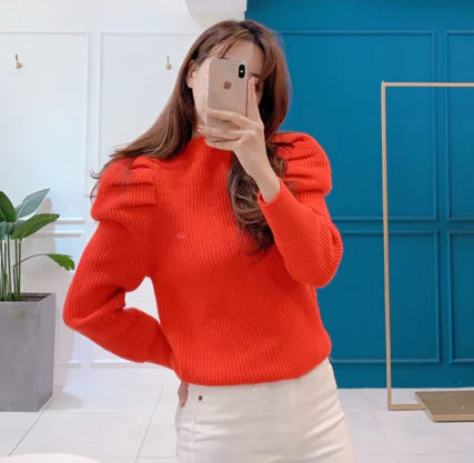 Sweet Puff Sleeve Pleated Knit Top for Women