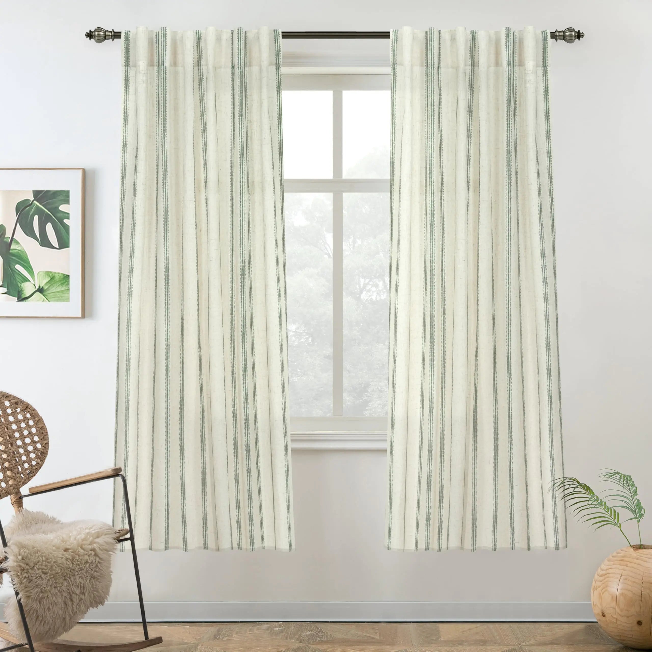 DriftAway Farmhouse Vertical Striped Linen Blend Textured Light Filtering Semi Sheer Curtains for Living Room Bedroom 63 Inches Long Drapes 2 Panels Linen Loden Green