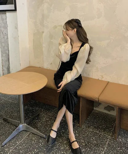 Elegant Velvet Dress with Puff Sleeves and Color Block Design
