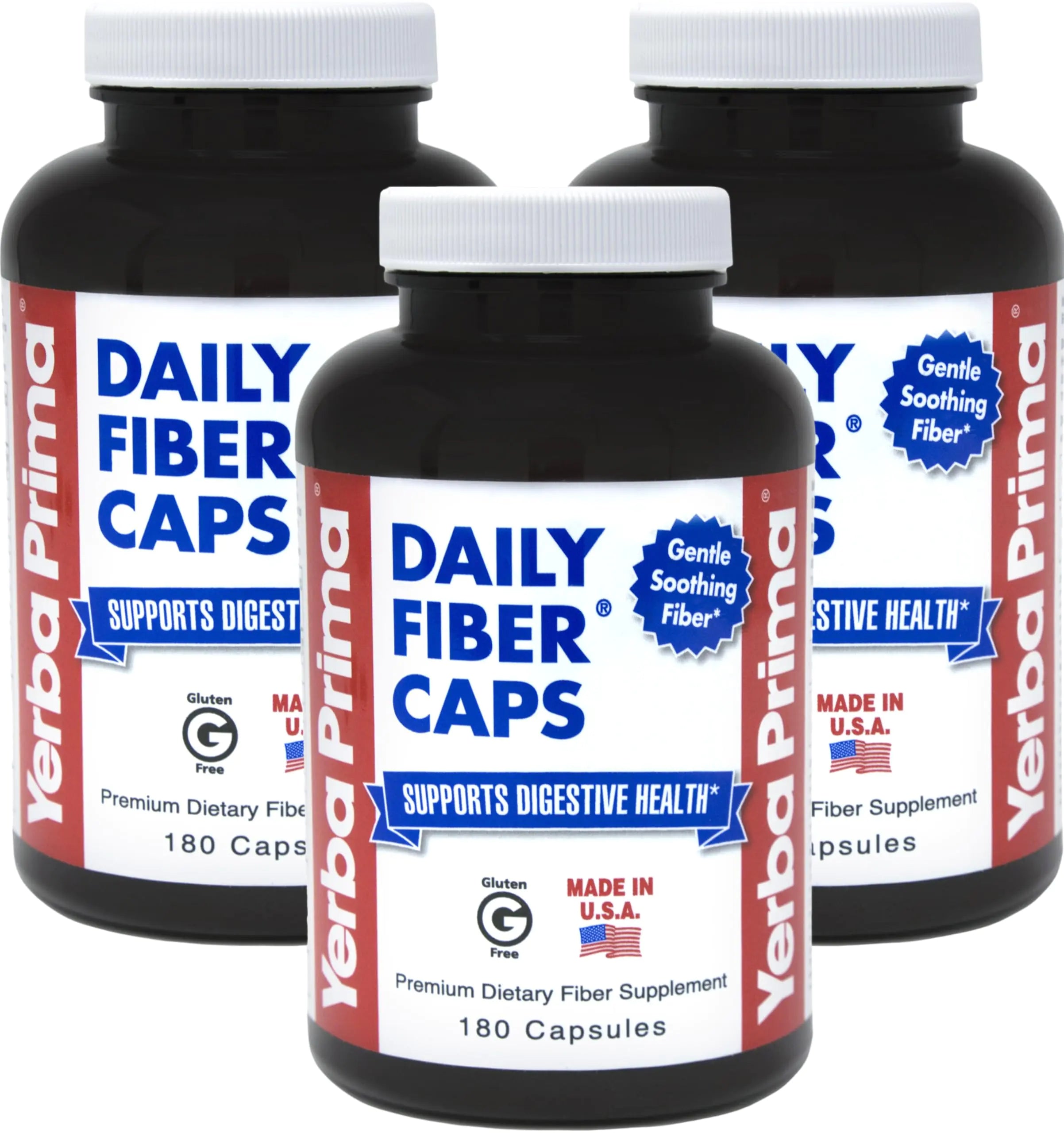 Yerba Prima Daily Fiber Capsules – 180 Caps (Pack of 3) - Soluble Dietary Fiber Supplement - Colon Cleanse - Gut Health - Constipation Relief – Vegan Non-GMO Gluten-Free
