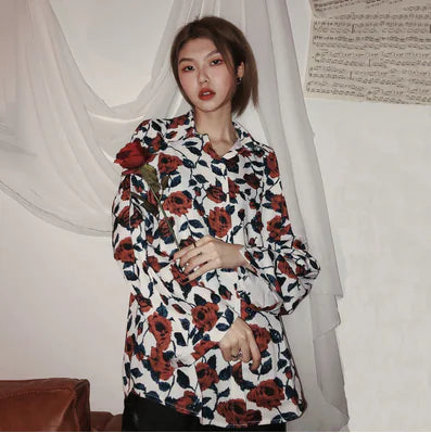 White Rose Vintage Loose Long Sleeve Shirt for Women