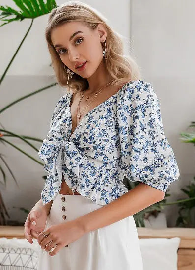 Floral Lantern Sleeve Chiffon Shirt