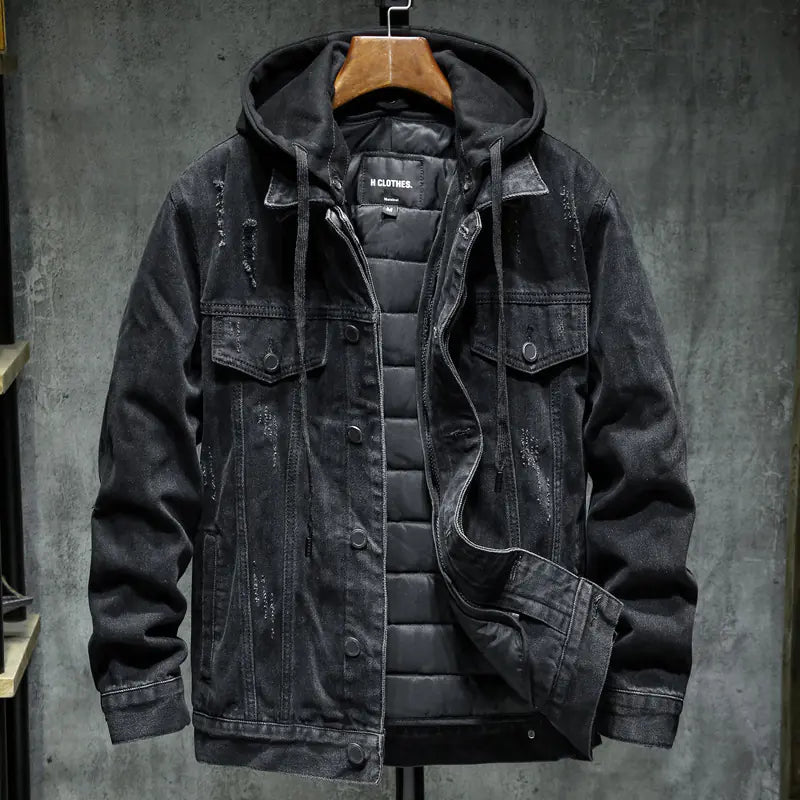 Men's Thickened Denim Jacket with Hood for Winter