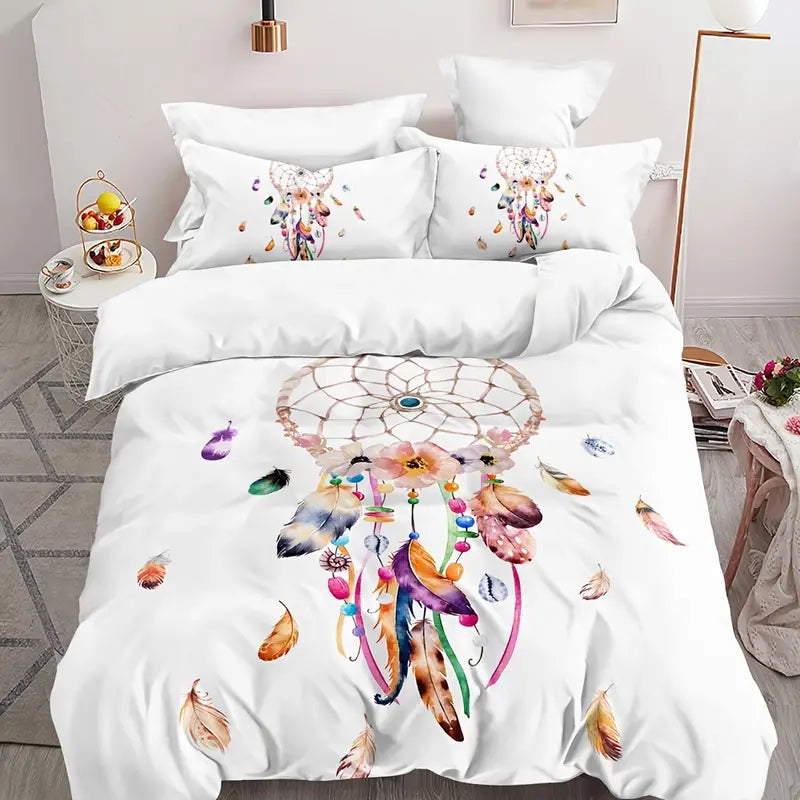 3pcs Dream Catcher Watercolor Feather Duvet Cover Set