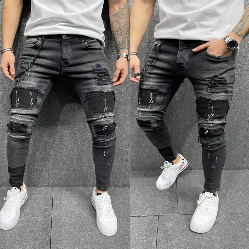 Men's Patch Ripped Elastic Skinny Jeans
