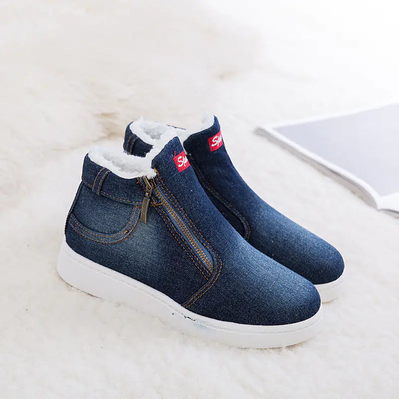Winter Denim Snow Boots, Korean Cotton Flat Shoes