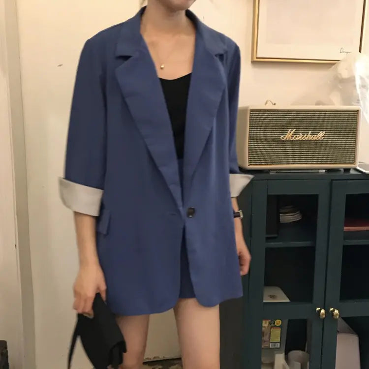 Women's Thin Striped Sleeve Blazer and Shorts Set