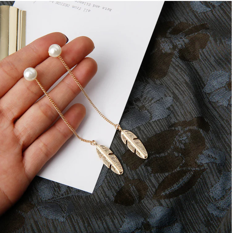 Pearl Long Earrings with Unique Feather Design