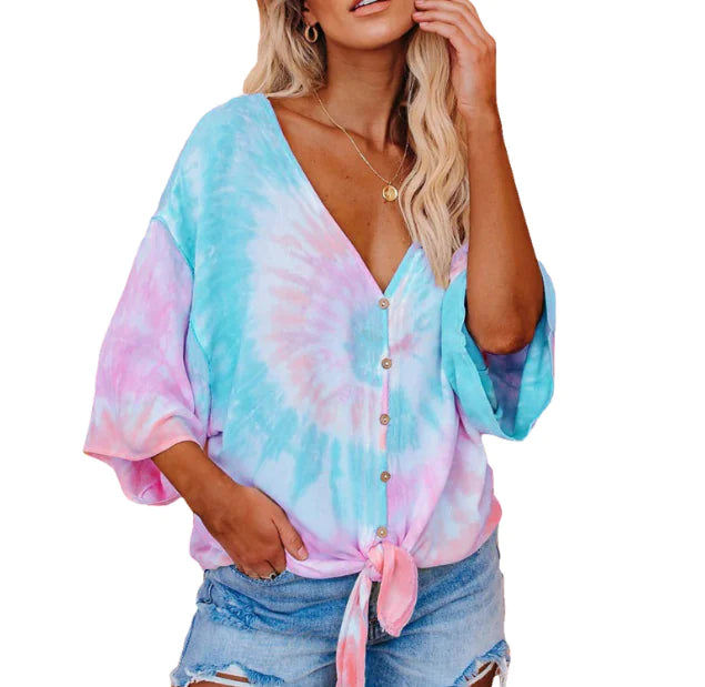 Tie-Dye Print Batwing Sleeve T-Shirt for Women